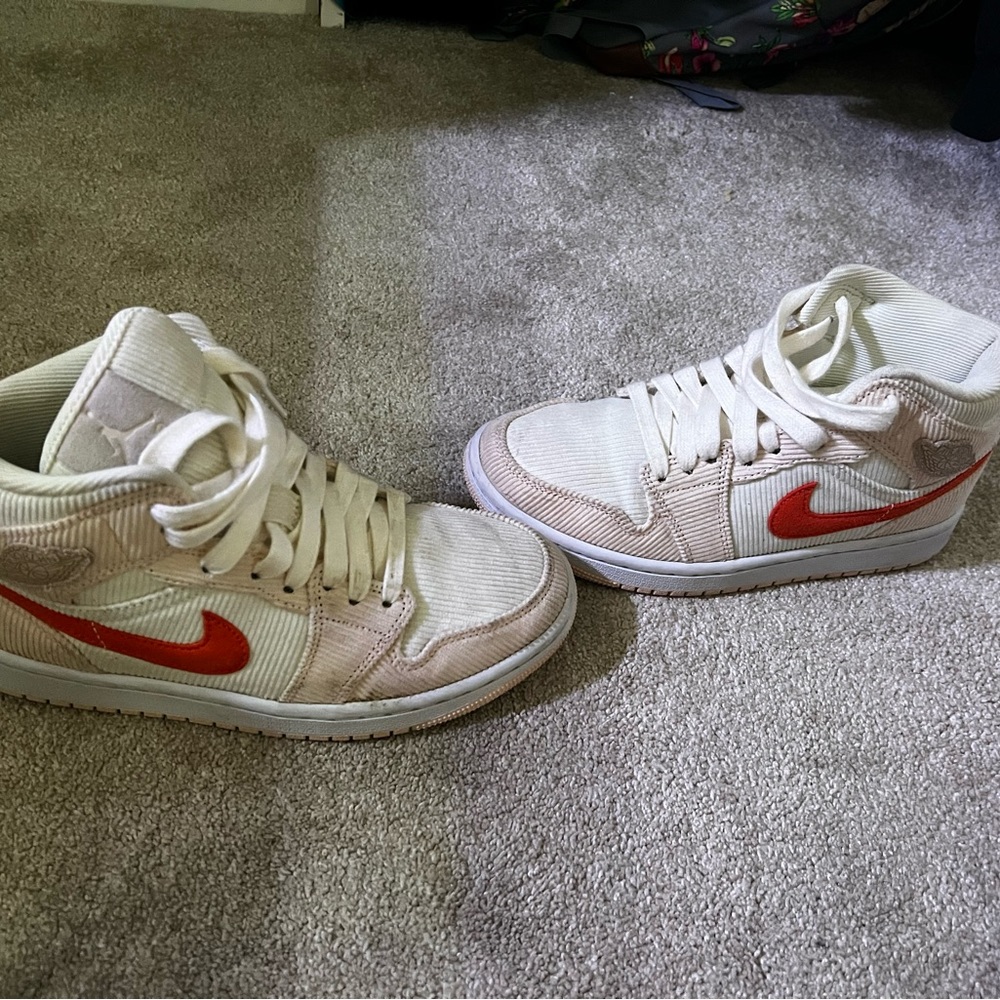 White,pale pink and orange Jordan sneakers, size 6.